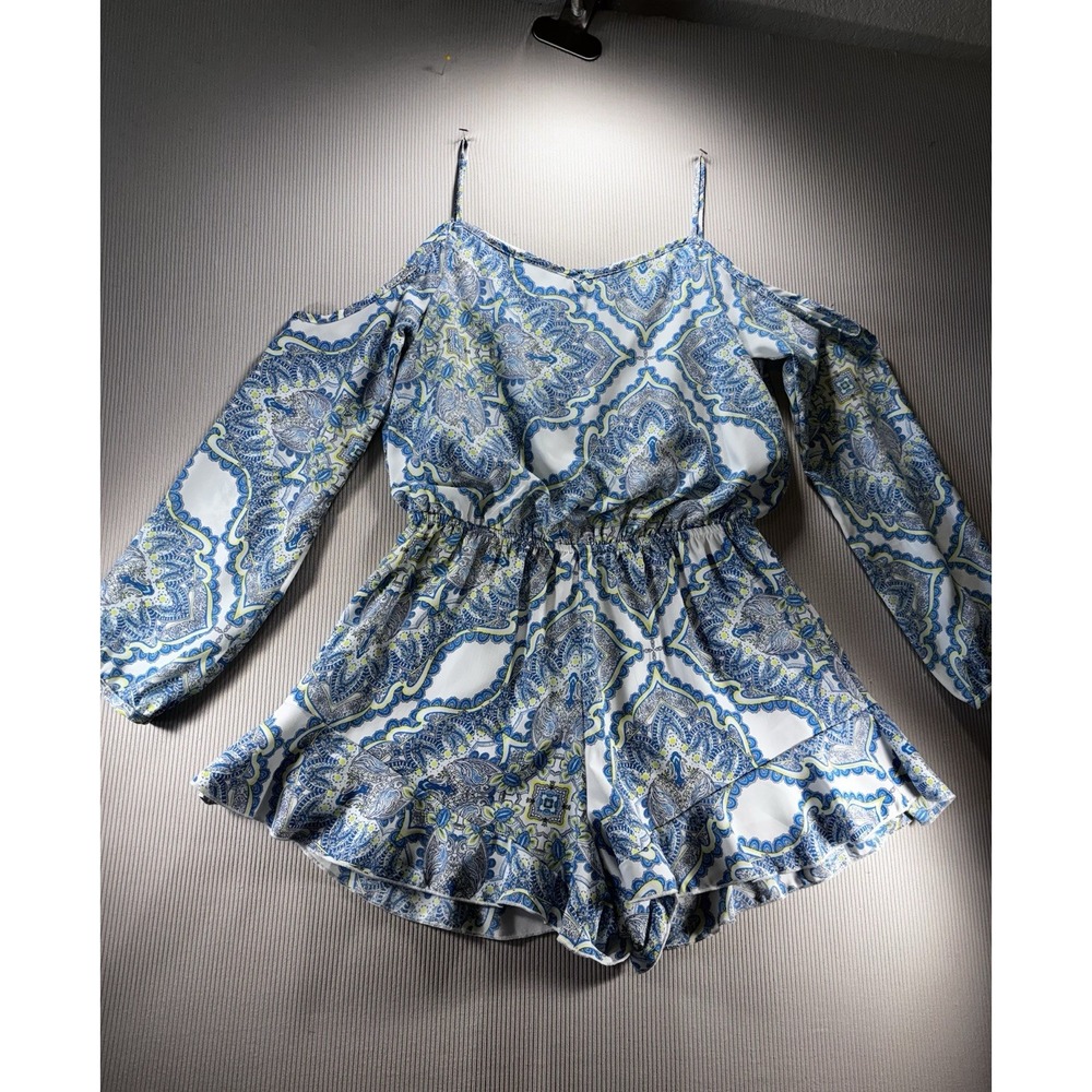 Altar'd State Womens S Navy White Paisley Cold‎ Shoulder Romper Boho Festival